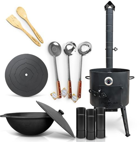 Utschak 560 - Hornillo de fuego de 40 cm de diámetro, 43 cm de diámetro, 4 anillas Kazan de 42,5 cm de diámetro, base redonda con termómetro de extensión de chimenea, 2 espumaderas, cucharón de 48 cm,