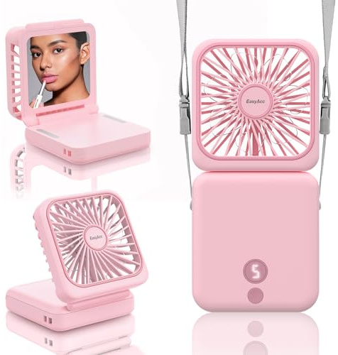 EasyAcc Ventilateur de Table 5000mAh avec Cordon, 32 Heure avec Miroir de Maquillage, 5 Vitesses Ventilateur de Cou Rechargeable, Batterie Externe avec Support de Téléphone