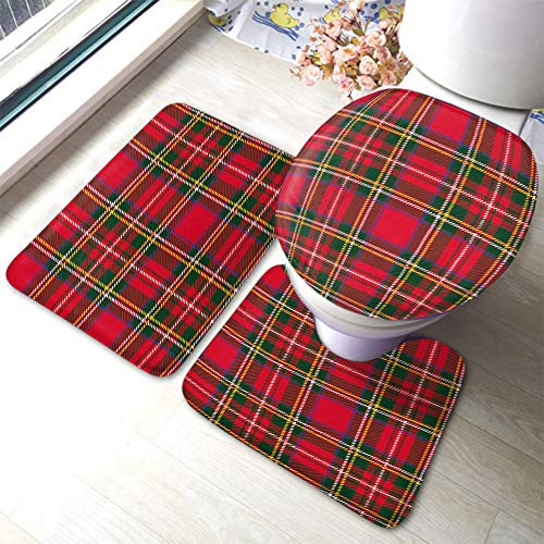 Set 3 Teilig Badvorleger Tartan, Plaid, Traditionell Rot, Schwarz, Grün, Schottische Weihnachten, Neujahrsdeko Wc-Deckelbezug Weiche Badezimmer Teppiche Set 3 Stück, Für Wohnzimmer