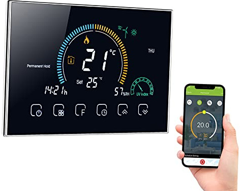 Aoresac Termostat för gaspanna, smarta termostater WiFi för hemmet, programmerbar smart termostat med röststyrning, bakgrundsbelyst LCD-skärm (svart)