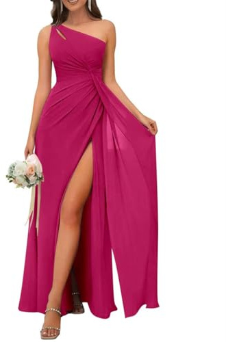 Vestido de gasa para dama de honor con un hombro descubierto, largo y plisado, vestido de noche formal con abertura, fucsia, 48