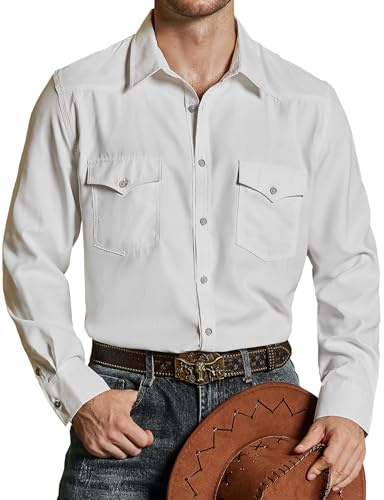 VATPAVE Herren Western Cowboy Hemden Knopfleiste Langarm Arbeits Hemden für Männer mit Zwei Taschen X-Large Weiß