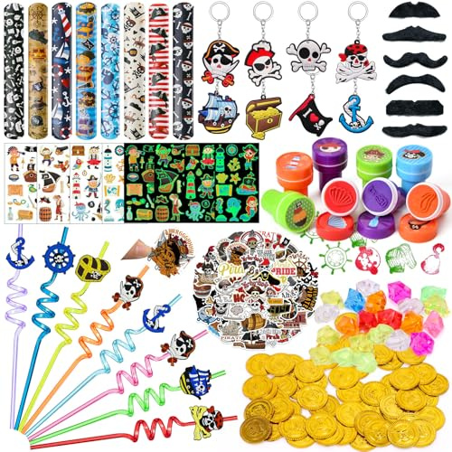 Cleboen 172PCS Piraten Party Mitgebsel Kindergeburtstag Gastgeschenk Junge mit Strohhalme Kinder Goldmünzen Schlüsselanhänger Schnurrbärte Leuchtende Tattoo Aufkleber Stempel Schnapparmband Give