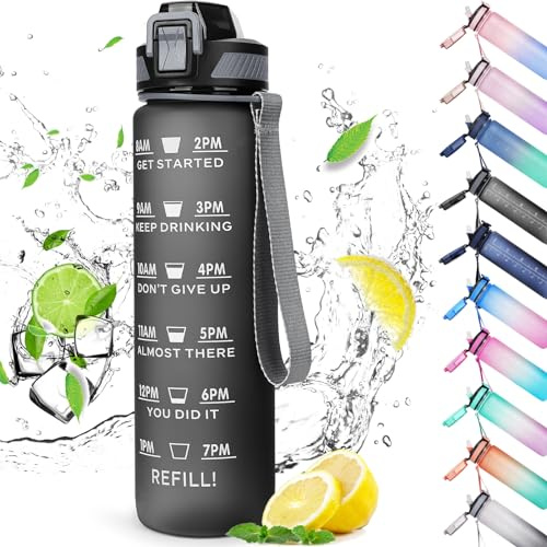 Gobravio Sports Water Bottle 1L, Leak Proof Water Bottle with Straw for Men & Women Reusable Durable BPA Free Tritan Drinking Cup with Brush