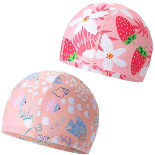 DUODIAsi 2 Pcs Kids Swim Caps Toddler Swimming Caps Waterproof Swim Caps Child's Swim Hats （flower or fish) Swimming Caps for Girls Children