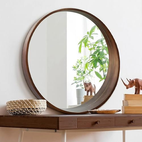 PYROSUN Espejo de baño Redondo con Marco de Madera, Espejo de tocador Redondo nórdico Moderno para Dormitorio, baño, Pasillo, tocador, decoración rústica de Estilo rústico (Color Nogal) (80 x 80 cm)