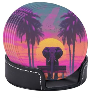 Juego de 6 posavasos de piel con diseño de elefante solitario de pie en la playa