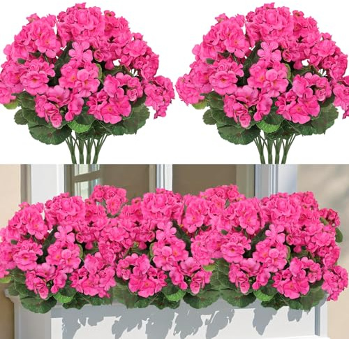 ASTNIC 4 Flores Artificiales, Geranio Artificial, Flores de Seda para Exterior e Interior, Flores Artificiales Decorativas en Maceta, Resistente a Los Rayos UV, de Plástico, Flores para Patio, Jardín