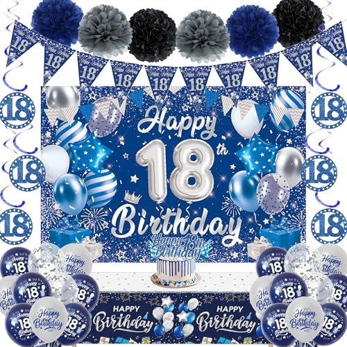 18th Birthday Decorations for Boys Girls - Blue Silver Boy 18 Bday Decor Happy 18th Birthday Bunting Banners Backdrop, Tablecloth Hanging Swirl Cake Topper Paper Pompom 18 Year Old Gifts Party Set