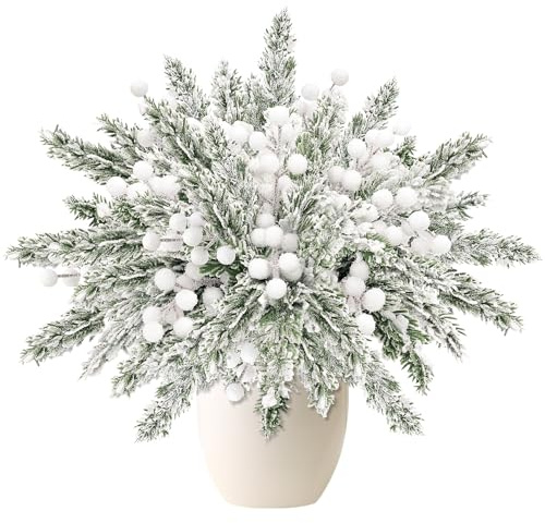 Yueshop 30PCS Christmas Artificial Snowy Cypress Pine Branches with White Frosted Berry Stems, Fake Pine Picks White Holly Berry Cypress Leaves Stems for DIY Xmas Garland Wreath Home Decor