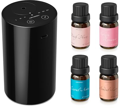 Airversa Waterless Essential Oil Diffuser Starter Kit with 4 x 10mL Fragrance Oil, Battery Operated Mini Scent Air Machine Portable Diffuser for Home Car Office, AN8 Kit2 Black
