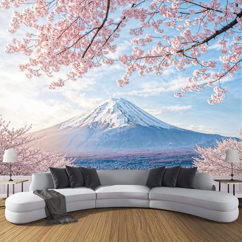 Carta Da Parati Effetto 3D Monte Fuji Fiori 200×140cm Fotomurali Non Tessuto, Stile Giapponese Paesaggio Decorazione Poster Arte Murale Moderna per Casa Ufficio Camera Da Letto Soggiorno