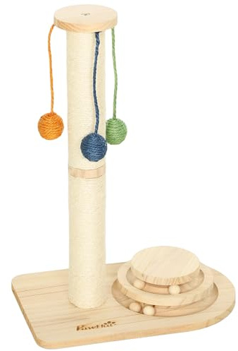 PawHut Poste Rascador para Gatos Altura 56,5 cm, Rascador para Gatos con 3 Bolas Colgantes, Juguete de Pelota de Pista y Poste de Sisal, Madera Natural