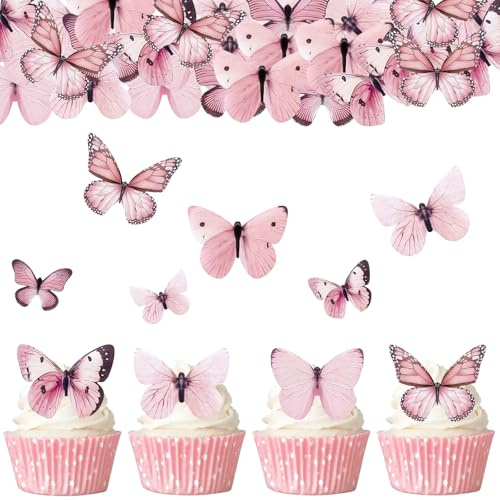 Gleevio 80 Essbare Schmetterlinge für Torte Rosa,Esspapier Schmetterlinge | Deko Torte Essbar,Schmetterling Tortendeko Geburtstag,Schmetterling Kuchen Deko Essbar,Cupcake Topper für Hochzeit Babyparty