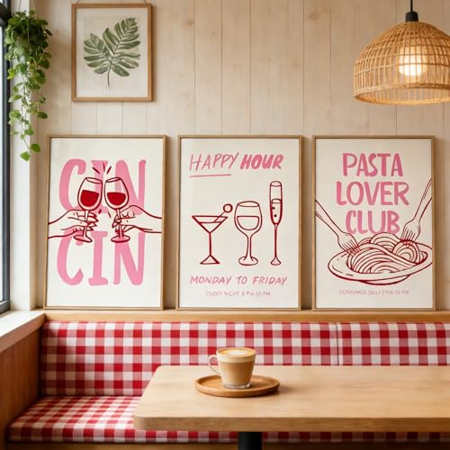 Xiyocadt 3er Poster Set, Rosa Cocktail Poster, Kaffee Pasta Wein Bild, Küche Wandbilder, Vintage Bilder für Küche Wohnzimmer Deko Küche Aesthetic Deko,Ohne Rahmen (21 x 30 cm)