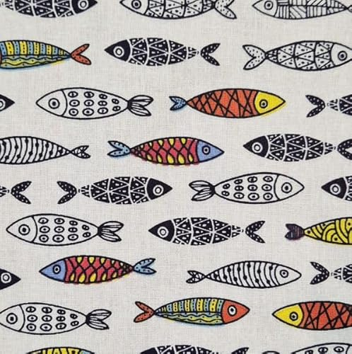 Werthers Stoffe Baumwollstoff Fische – Fischschwarm schwasrz weiß bunt. Weißer Stoff mit schwarzen & bunten Fischmotiven – 100% Baumwolle – für Tischdecke, Vorhang, Kissen, Schürze, Angeln