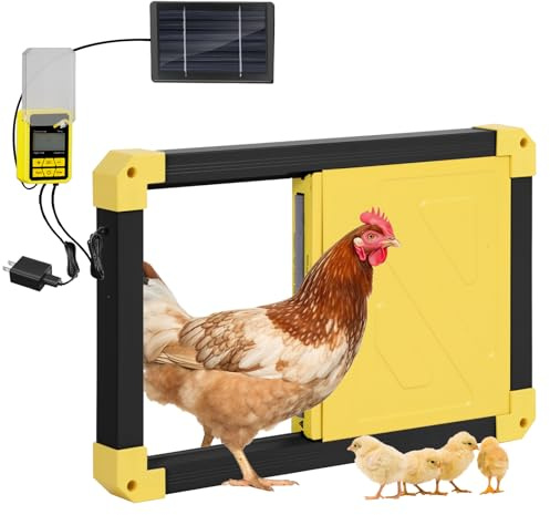 Automatic Chicken Coop Door Powered with Heating, Anti-Pinch Design Solar Chicken Door Opener, Auto Chicken House Run Door with Three Power Supply Modes for Chickens and Ducks (Black)