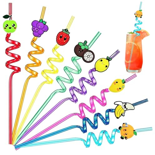 Fancysky cannucce riutilizzabili bambini, set da 8 cannucce cocktail colorate, cannucce ricurve decorative per feste e compleanni (Frutta)