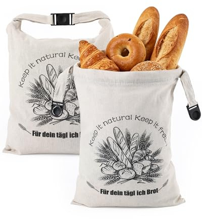 Huglux 2 Pack Linen Bread Bags, 40x30cm Reusable Bread Storage Bags | Linen Bread Bags with Buckle Closure, TPU Lining to Keep Bread Fresh for Homemade Bread, Picnic, Travel & Daily Use