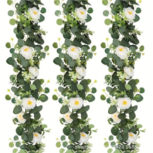 MINWEGI 1.8m White Flower Garland with Eucalyptus Leaves & Roses - Artificial Floral Garland for Wedding Decor, Party Backdrop, Home Decoration