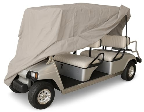 Formosa Covers | Deluxe 6 Passenger Golf Cart Cover fits E Z GO, Club Car Limo, Yamaha, Polaris Gem e4 Model, Icon i60L - Stays Put in Wind and Rain - Storage Bag Included (Taupe)