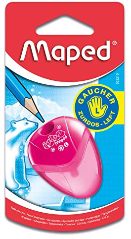 Maped Sacapuntas con Depósito Igloo, Afilador de Lápices con 1 Orificio y Cuchilla de Acero Inoxidable, Para Zurdos, Tamaño Compacto y Ergonómico, 3 Diseños Surtidos para Escuela y Oficina