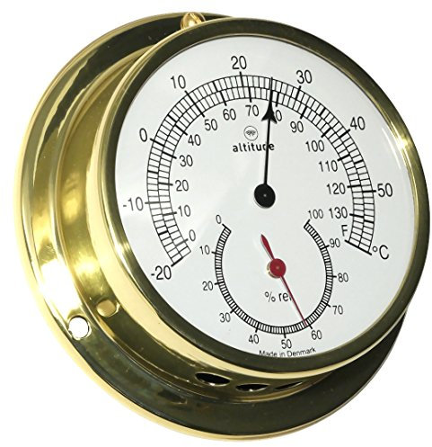 Altitude Thermometer-Hygrometer, Messing poliert lackiert, Glas aus PMMA Acryl, Durchmesser 97 mm, Tiefe 30 mm, Made in Dänemark