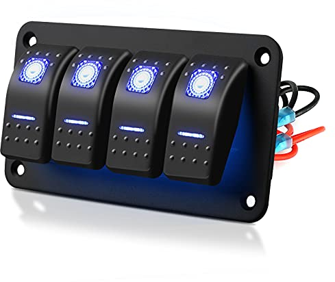 EEEKit 4 Gang Wippschalter Panel, 5 Polige Ein Aus Kippschalter mit Blauem LED Licht Kfz Schalter für 12V/24V Fahrzeuge