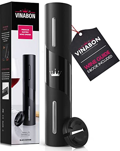VINABON Abridor eléctrico de vino - Abridor de botellas de vino eléctrico a pilas con cortador de papel de aluminio - Sacacorchos electrónico automático reutilizable con un solo clic. Incluye libro