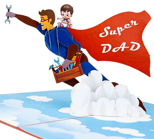LIMAH® Pop-Up 3D Grußkarte/Vatertagskarte, zum Geburtstag für Mann, für Ihn zum Vatertag, Glückwunsch zur Geburt, Bester Papa/Super Papa mit Baby-Motiv/in Blau Rot