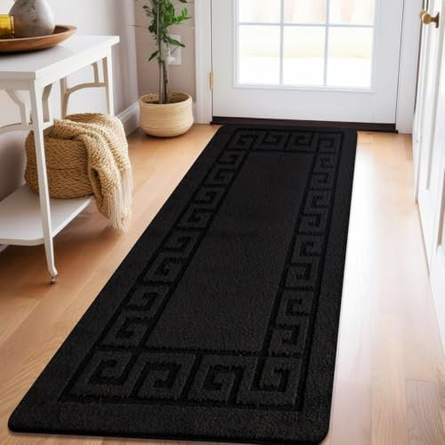 PHP Carpet Runners for Hallways Non Slip Long With Gel Back - Marble Rug Washable Low Pile Rug, Kitchen Runner - Ideal For Living Room, Bedroom, Lounge And Hall |60 x 220 cm - Black