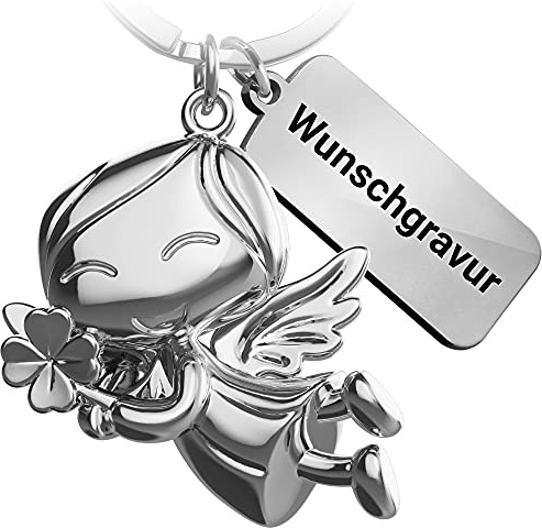 FABACH Schutzengel Schlüsselanhänger Lucky mit Wunschgravur - Kleeblatt Glücksengel aus Metall mit personalisierter Gravur - Glücksbringer Auto Engel Anhänger - Viel Glück Geschenk Wunschtext