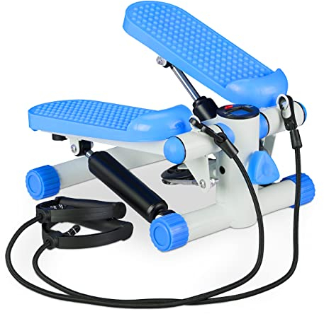 Relaxdays Stepper mit Schrittzähler, 2 Expander, Verstellbarer Widerstand, Fitnessgerät für zuhause, Swingstepper, blau