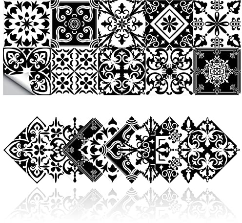 Retro Fliesenaufkleber Badezimmer Küche Fliesenaufkleber DIY Öldicht Wasserdicht PVC Selbstklebende Dekoration Marokkanischen Stil Schwarz und Weiß (20,20x20cm)
