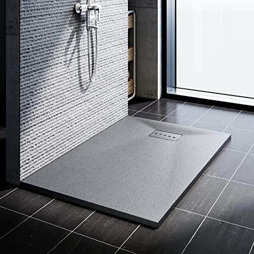 SONNI Duschwanne 140x90 cm, 32 mm Extra Flach, Grau, SMC, Mit Siphon | Extra flache Duschwanne in Schieferoptik mit rutschhemmender Oberfläche für sicheren Stand und eine moderne Badgestaltung