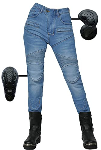 SHUOJIA Women Motorbike Jeans, Motorcycle Protective Trouser Breathable Denim Pant Linned Reinforced Removable Padded Armoured (Blue,M)