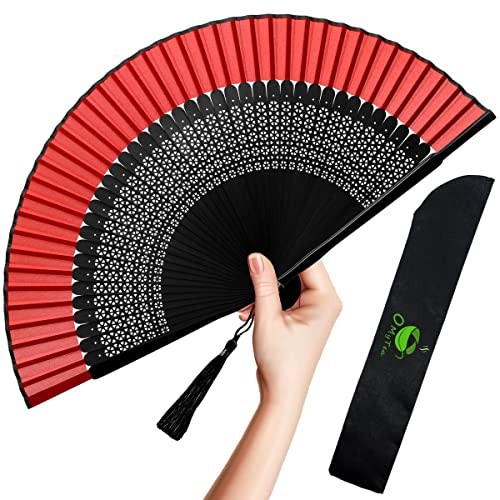 OMyTea Folding Hand Fan for Women - Foldable Chinese Japanese Vintage Bamboo Silk Fan - for Hot Flash, Church, Decoration, EDM, Music Festival, Dance, Party, Performance, Gift (Sexy Black - Red)