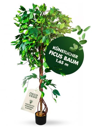 Decovego Künstlicher Ficus Benjamin, 165 cm Kunstpflanze, Kunstbaum | mit Echtholzstamm, pflegeleicht, immergrün für Wohn- und Büroräume