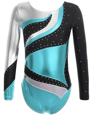 TTAO Kinder Turnanzug Gymnastikanzug Mädchen Leotard Langarm Ärmellos Trikot Training Dancewear Gymnastikbody Tanzbekleidung Wettkampf Blau 170-176