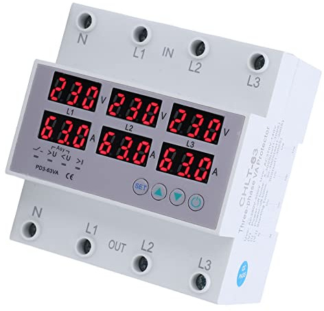 CCYLEZ Voltmetro su Guida DIN Amperometro Trifase con Display Digitale Ripristino Automatico Tester Misuratore Protezione Sovratensione Protezione Sovracorrente AC 390-500 V (63A)