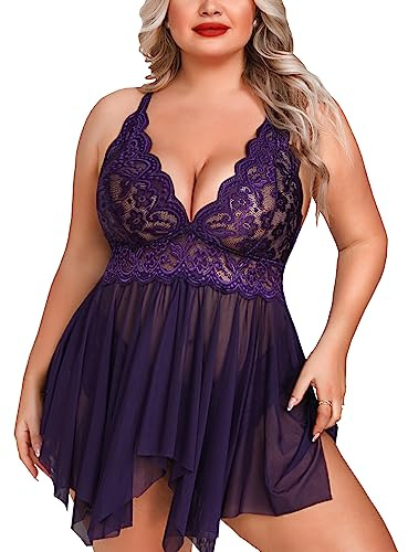 Aranmei Lencería Tallas Grandes Mujer Camisón de Encaje Camisón de Malla Babydoll Lencería Peluche con Broche la Entrepierna