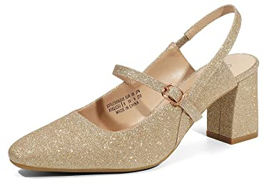 DREAM PAIRS Dam stängd tå tjocka högklackade Mary Jane block fyrkantig tå slingback bandklänning arbete pumpskor, Guld-glitter, 40.5 EU