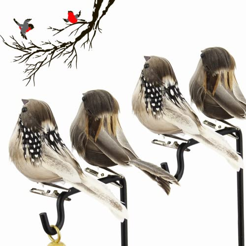 xlwen 4 Stück Künstliche Federvögel mit Clip,Deko Vögel mit Federn | Federschaum Künstliche Federvögel Spatz Ornamente mit Clips für Zweige, Osterdeko, Hochzeit, Weihnachten, Garten und DIY