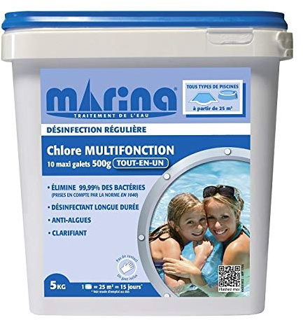MARINA Multifunktions-Chlor All-In-One, ideale Dosierung für Pool ca. 25 m3, Chlortabletten Multifunktion für Pool, 500g Tablette, 5kg