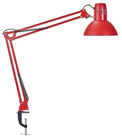 MAUL Schreibtischlampe rot MAULstudy Klemmfuß E27 LED Metallarm | flexibel ausrichtbarer Doppelarm, platzsparend an Tischkanten, warmweißes Licht zum Arbeiten, Lichtquelle einfach wechselbar