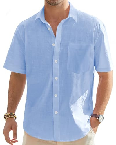 J.VER Mens Linen Shirt Short Sleeve Button Down Casual Summer Shirts Blue