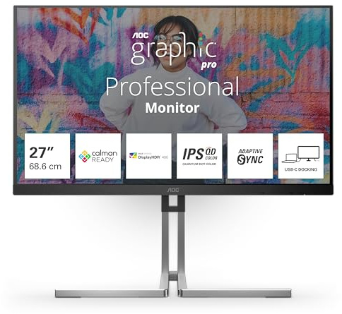 AOC Q27U3CV 27 Zoll FHD USB Hub Graphic Monitor, 75Hz, IPS QD Panel, 4ms GtG, Adaptive Sync, VESA HDR400 (Certified), Höhenverstellung,(1920x1080 HDMI 2X 2.1 DP 1x 1.4) Schwarz/Orange
