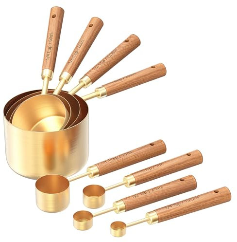 lohepon Gold Stainless Steel Measuring Cups and Spoons Set of 8, Wooden Handle with US Measurements, Metric Cups and Spoons for cooking and baking