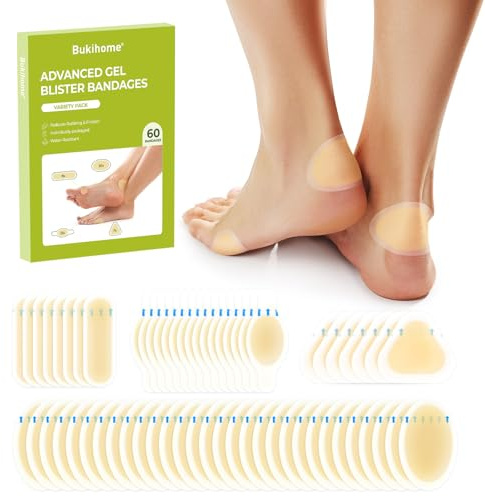 Bukihome Gel Blister Hydrocolloid Bandages - 60Pcs Blister Cushions for Foot - Water Resistant Adhesive Bandages, Toe Blister Pads for Prevention & Recovery, Reduce Friction with Heels (Variety Pack)