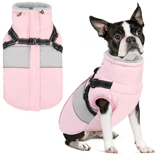 AOFITEE Hundejacke Mittelgroße Hunde, Winter Wasserdicht Hundejacke Hundemantel mit Geschirr, Warmer Wintermantel Reflektierend Winter Outdoor Hundebekleidung für Dackel, Boston Terrier, Rosa M